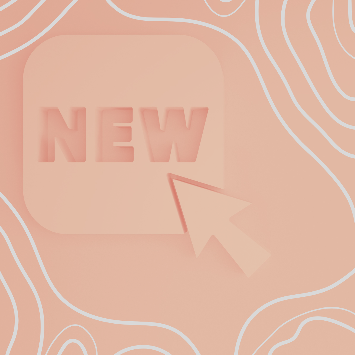 "NEW" with cursor arrow on pink background