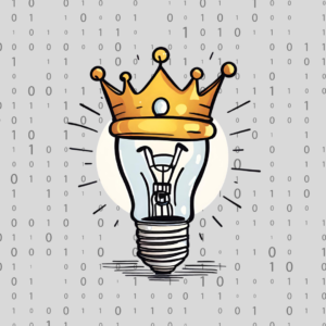 a lightbulb wearing a crown in front of a background of grayed-out computer code