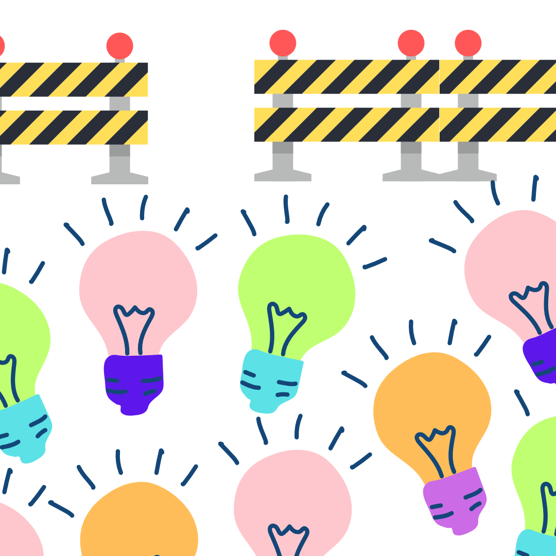 lighbulbs representing ideas, blocked by consruction blockades