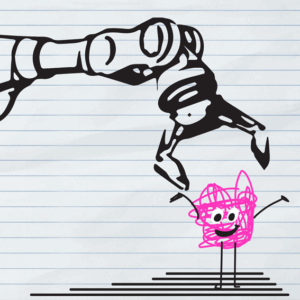 tobot hand grabbing cartoon figure to symbolize robots + human creativity