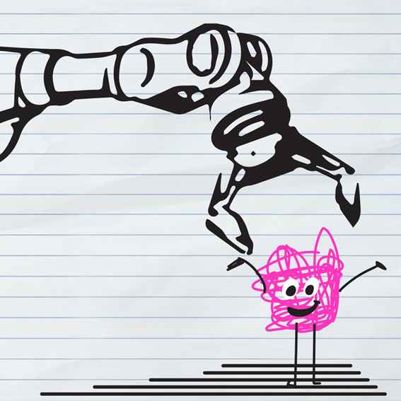 tobot hand grabbing cartoon figure to symbolize robots + human creativity