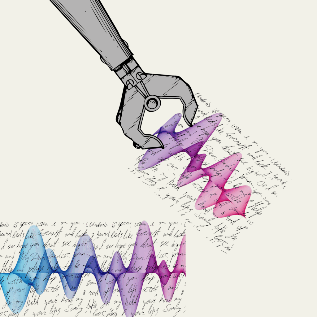 A robot arm pulling away a section of written text over an audio wave