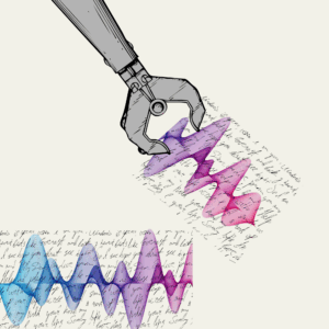 A robot arm pulling away a section of written text over an audio wave