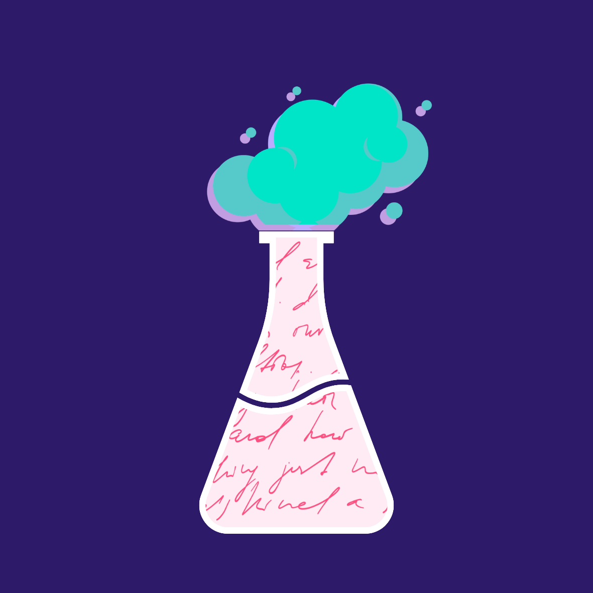 bubbling beaker filled with hand-written words in front of deep purple background